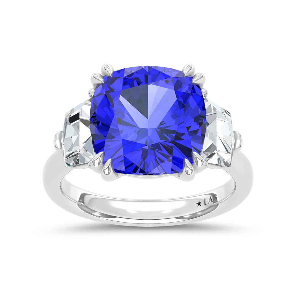 14K White Gold Lab Grown Diamond 9 1/4 Ct.Tw. Cushion Shape Recrystalized Blue Sapphire Engagement: 14K White Gold Lab Grown Diamond 9 1/4 Ct.Tw. Cushion Shape Recrystalized Blue Sapphire Engagement Ring (Center 7 3/4 ct) Exude unmatched elegance with this 14K white gold engagement ring, featuring a