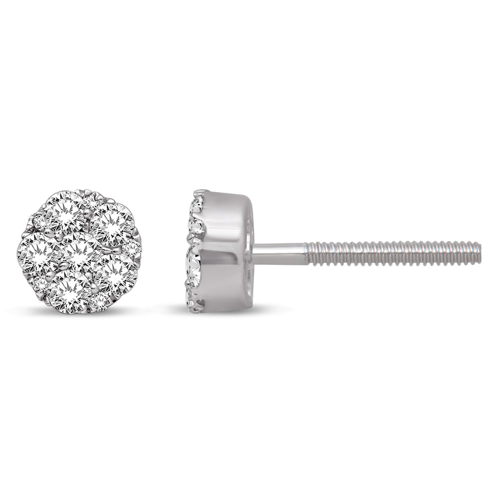 14K White Gold 1 Ct.Tw. Diamond Flower Stud Earrings: 14K White Gold 1 Ct.Tw. Diamond Flower Stud Earrings This classic stud Earrings Crafted in cool 14K white gold, each Earrings is a flower-shaped composite of gleaming diamonds of 1 Ct.Tw. of diamonds