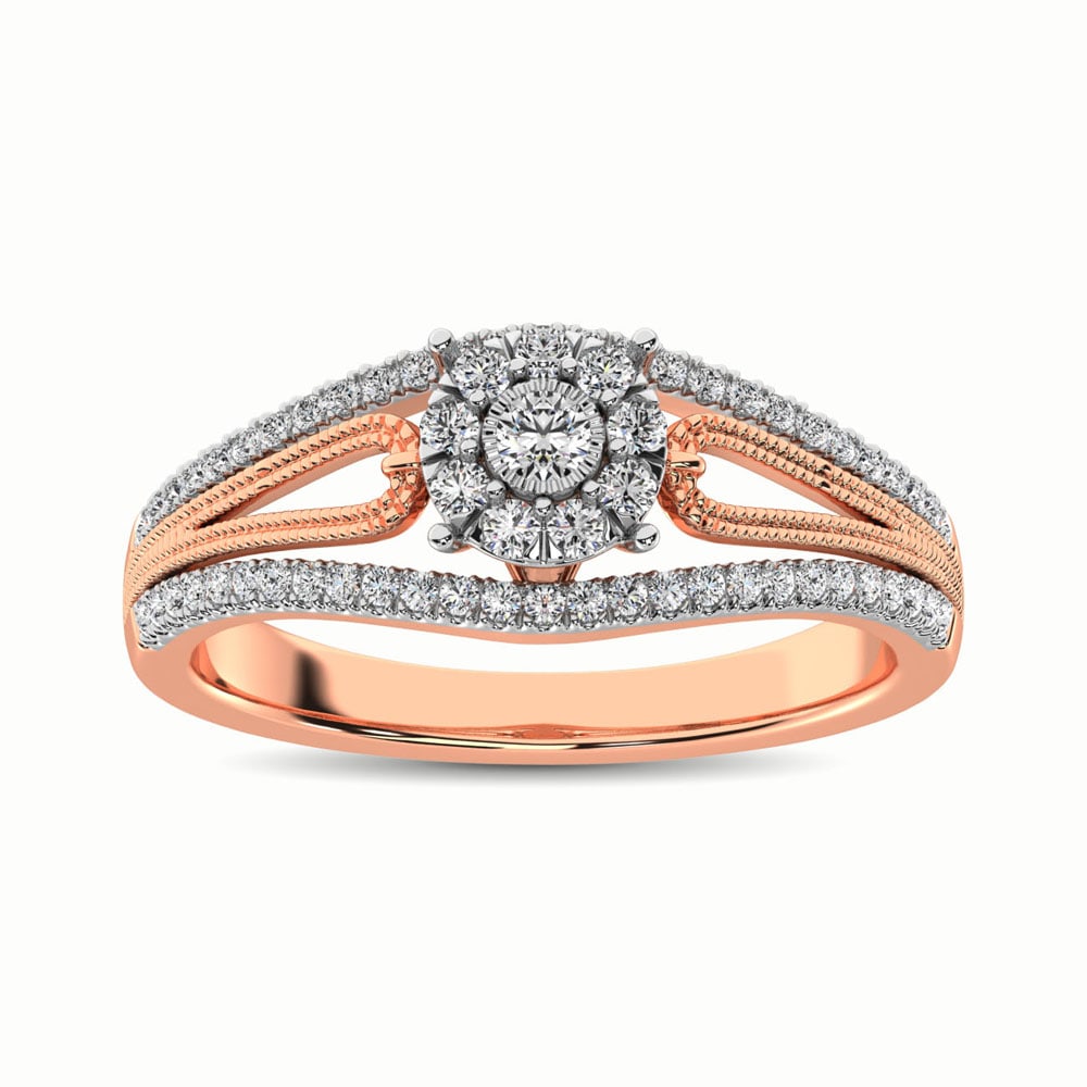 10K Rose Gold 1/3 Ct.Tw. Diamond Engagement Ring: 10K Rose Gold 1/3 Ct.Tw. Diamond Engagement Ring This beautiful engagement ring is available in 10K Rose Gold. There are 64 round diamonds with a total carat weight of 1/3 Ct.Tw. set in a Shared Prong