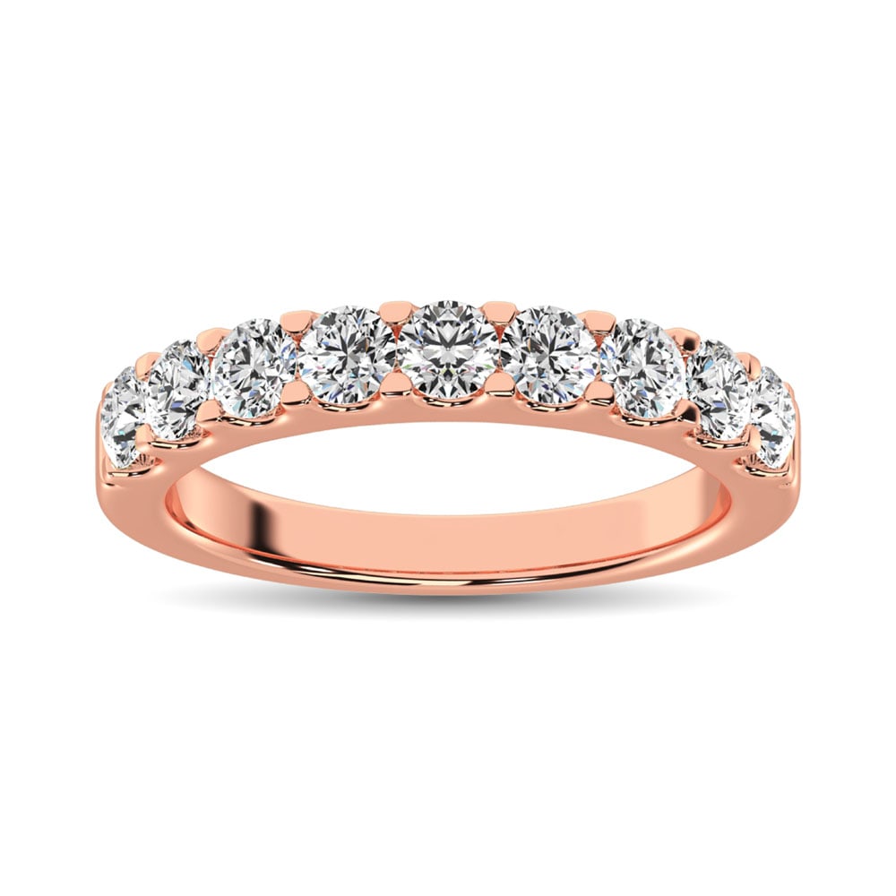 14K Rose Gold Diamond 1 Ct.Tw. 9 Stone Anniversary Band: 14K Rose Gold Diamond 1 Ct.Tw. 9 Stone Anniversary Band This eye-catching Anniversary Band is available in 14K Rose Gold. There are 9 round diamonds with a total carat weight of 1 Ct.Tw. set in a Pron