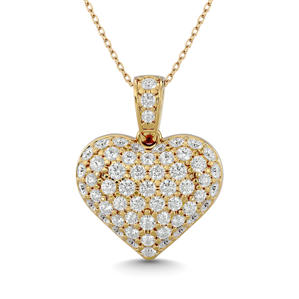 Diamond 1 1/2 Ct.tw Heart Pendant in 10K Yellow Gold: Diamond 1 1/2 Ct.tw Heart Pendant in 10K Yellow Gold She'll adore the dazzling look of this remarkable diamond heart pendant. Crafted in cool 10K Yellow Gold and Radiant with 1 1/2 Ct.Tw. t.w. of diam