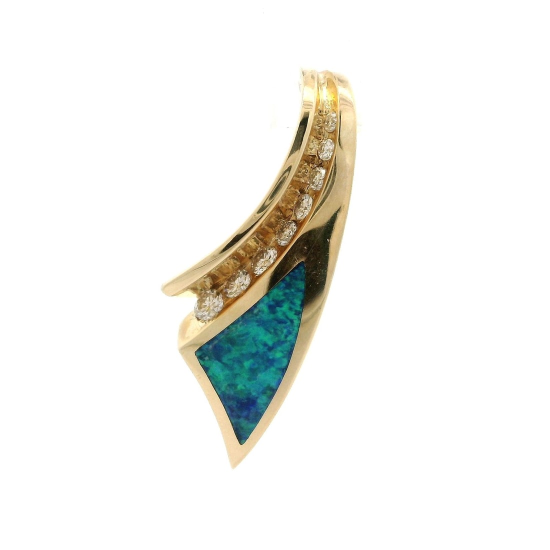 14k Yellow Gold Ribbon Slide Pendant with Opal and Channel Diamonds: 14k Yellow Gold Ribbon Slide Pendant with Opal and Channel Diamonds This exquisite slide pendant features a stunning ribbon shape, crafted from solid 14k yellow gold. It showcases a natural genuine op