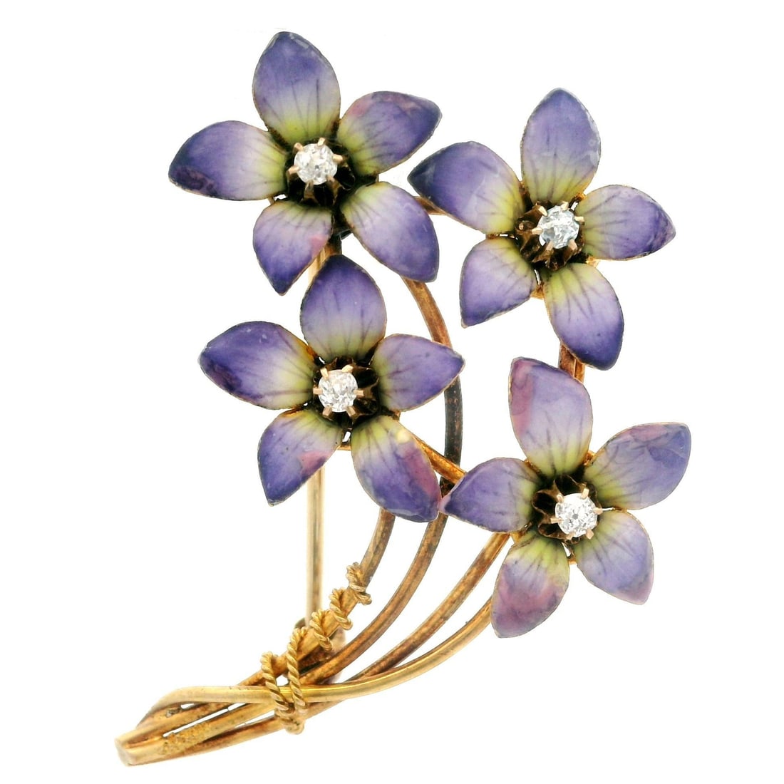 Antique Art Nouveau 14K Gold Diamond Lavender Enamel Flower Brooch: Antique Art Nouveau 14K Gold Diamond Lavender Enamel Flower Brooch This exquisite Antique Art Nouveau brooch features a stunning flower bouquet design adorned with four natural genuine diamonds, total