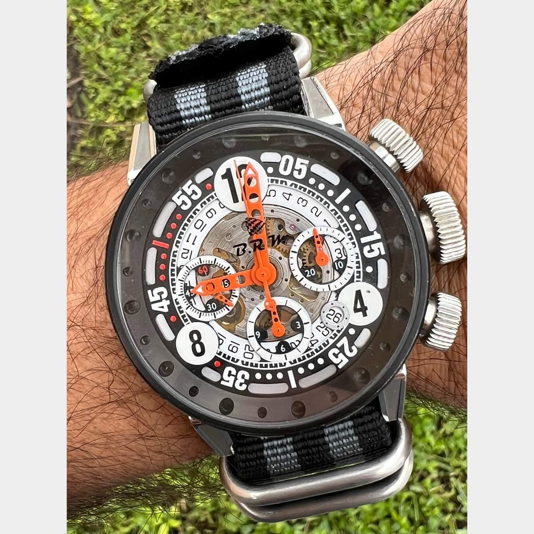 BRM Skeleton Chronograph Watch 44mm Stainless Steel NATO Strap: BRM Skeleton Chronograph Watch 44mm Stainless Steel NATO Strap This BRM Stainless Steel Skeleton Chronograph Watch features a striking 44mm stainless steel case and showcases a skeleton dial and back,