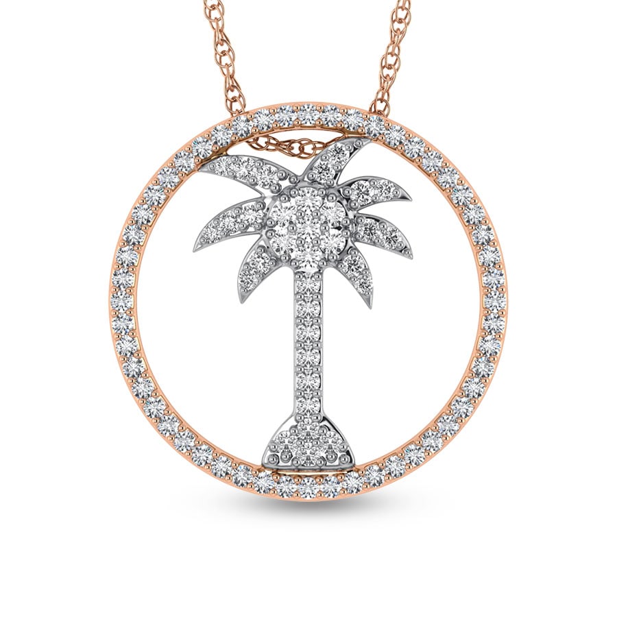 14K Two Tone Diamond 1/2 Ct.Tw. Palm Tree Pendant: 14K Two Tone Diamond 1/2 Ct.Tw. Palm Tree Pendant 14k Two Tone Stone Color: G-h Stone Clarity: I1-i2 Unless otherwise specified, pendants that include a chain are paired with our standard 18-inch leng