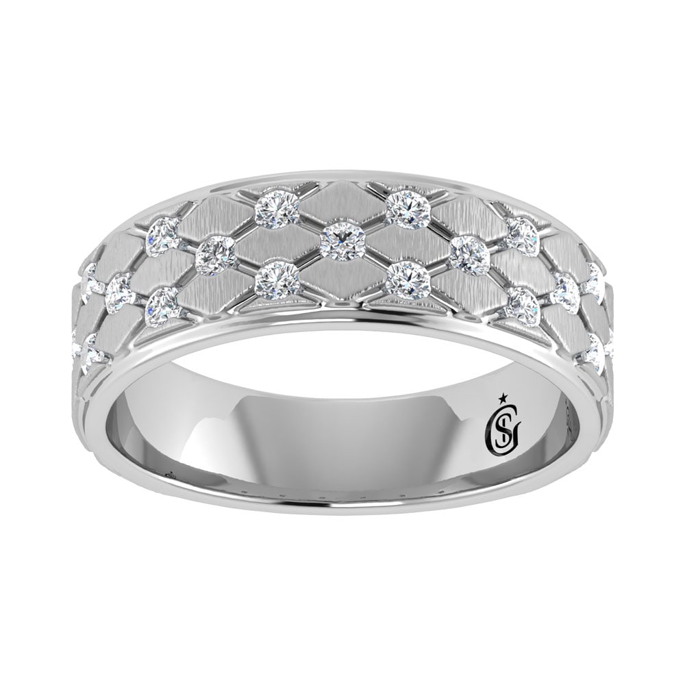 14K White Gold Diamond 1/2.Ct. Tw. Mens Machine Band: 14K White Gold Diamond 1/2.Ct. Tw. Mens Machine Band 14k White Gold Stone Color: G-h Stone Clarity: Si2 Each ring is presented in standard size 6.5. Complimentary resizing is available between sizes 5