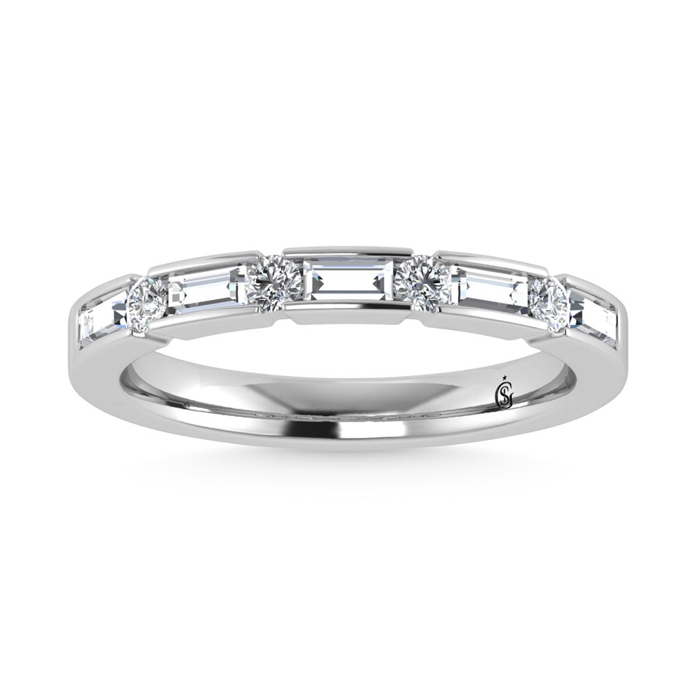 14K White Gold Diamond 1/2.Ct. Tw. Mens Machine Band: 14K White Gold Diamond 1/2.Ct. Tw. Mens Machine Band 14k White Gold Stone Color: G-h Stone Clarity: Si2 Each ring is presented in standard size 6.5. Complimentary resizing is available between sizes 5