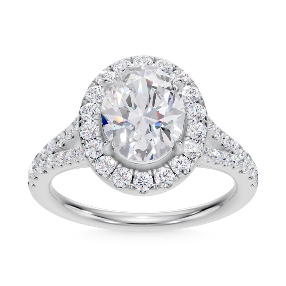14K White Gold Lab Grown Diamond 2 3/4 Ct.Tw. Oval Shape Halo Engagement Ring: 14K White Gold Lab Grown Diamond 2 3/4 Ct.Tw. Oval Shape Halo Engagement Ring Celebrate your forever moment with the timeless brilliance of our Halo Diamond Engagement Ring. This exquisite piece featu