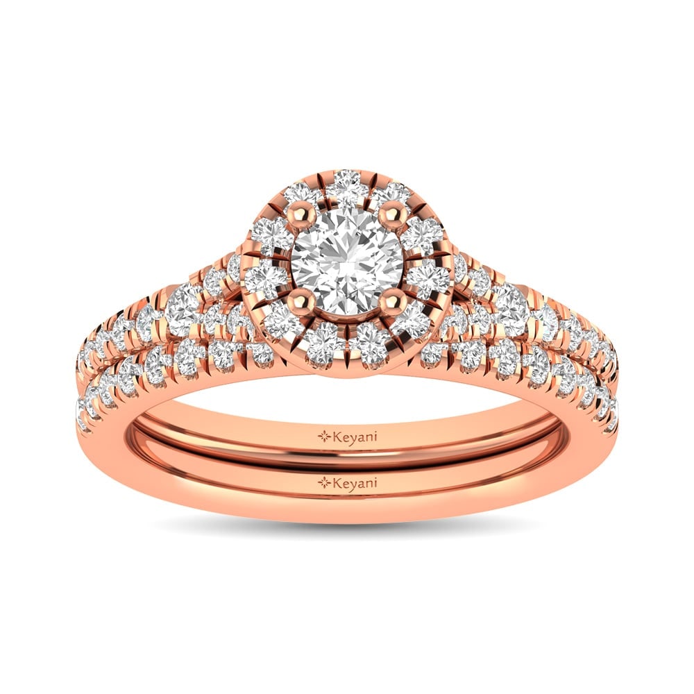 Diamond Split Shank Single Halo Bridal Ring 1 Ct.tw Round Cut in 14K Rose Gold: Diamond Split Shank Single Halo Bridal Ring 1 Ct.tw Round Cut in 14K Rose Gold This Split Shank Single Halo Bridal Ring set with round Cut diamond 1/3 Ct.Tw. center. Total diamond weight 1 Ct.Tw.