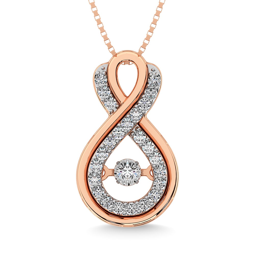 Diamond 1/5 Ct.Tw. Infinity Pendant in 10K Rose Gold: Diamond 1/5 Ct.Tw. Infinity Pendant in 10K Rose Gold 14k Rose Gold Stone Color: G-h Stone Clarity: I1 Unless otherwise specified, pendants that include a chain are paired with our standard 18-inch len