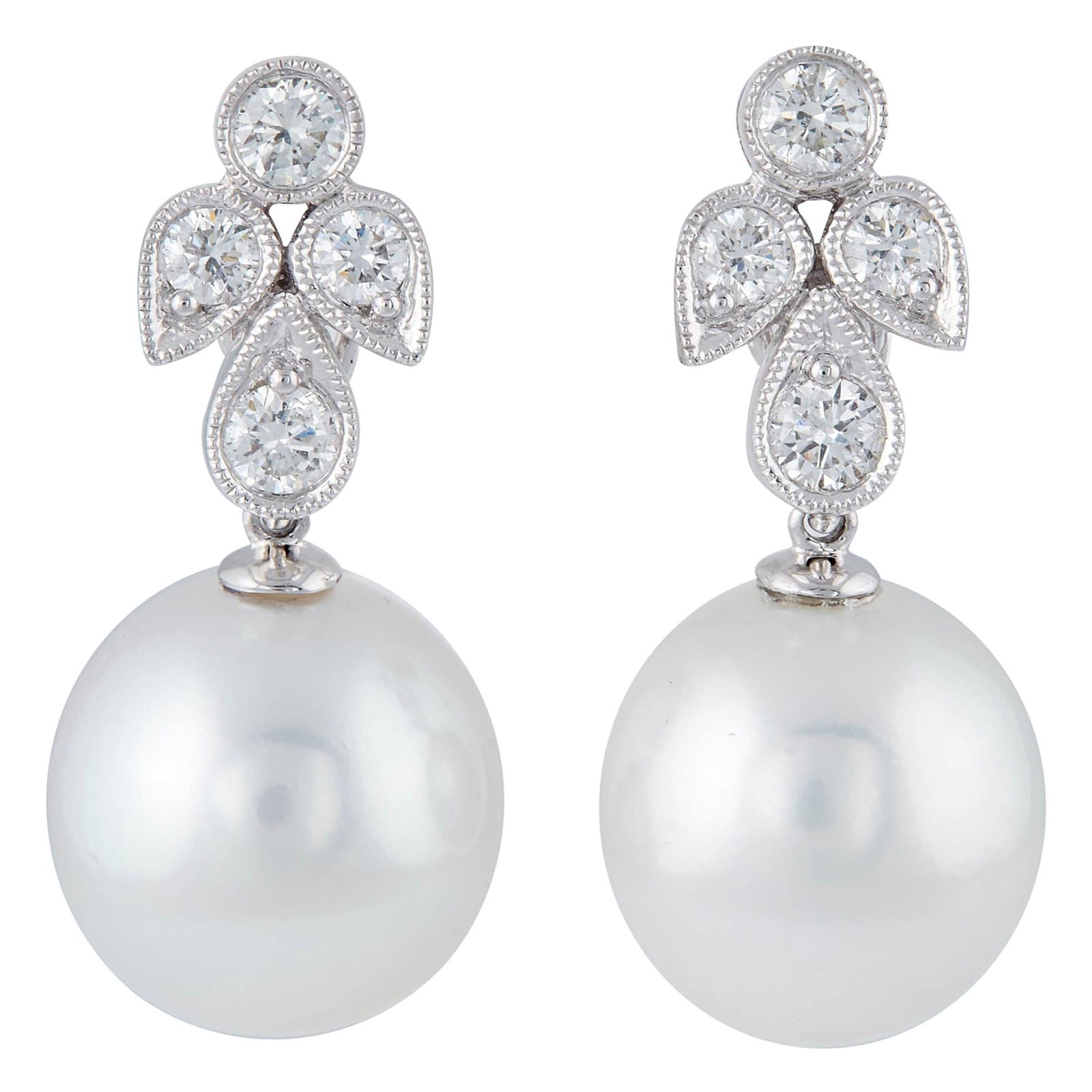 Harbor Diamonds 18K White Gold Diamond South Sea Pearl Leaf Earrings: Harbor Diamonds 18K White Gold Diamond South Sea Pearl Leaf Earrings Elevate your style with these exquisite dangling leaf earrings, featuring radiant diamonds and lustrous South Sea pearls. Crafted