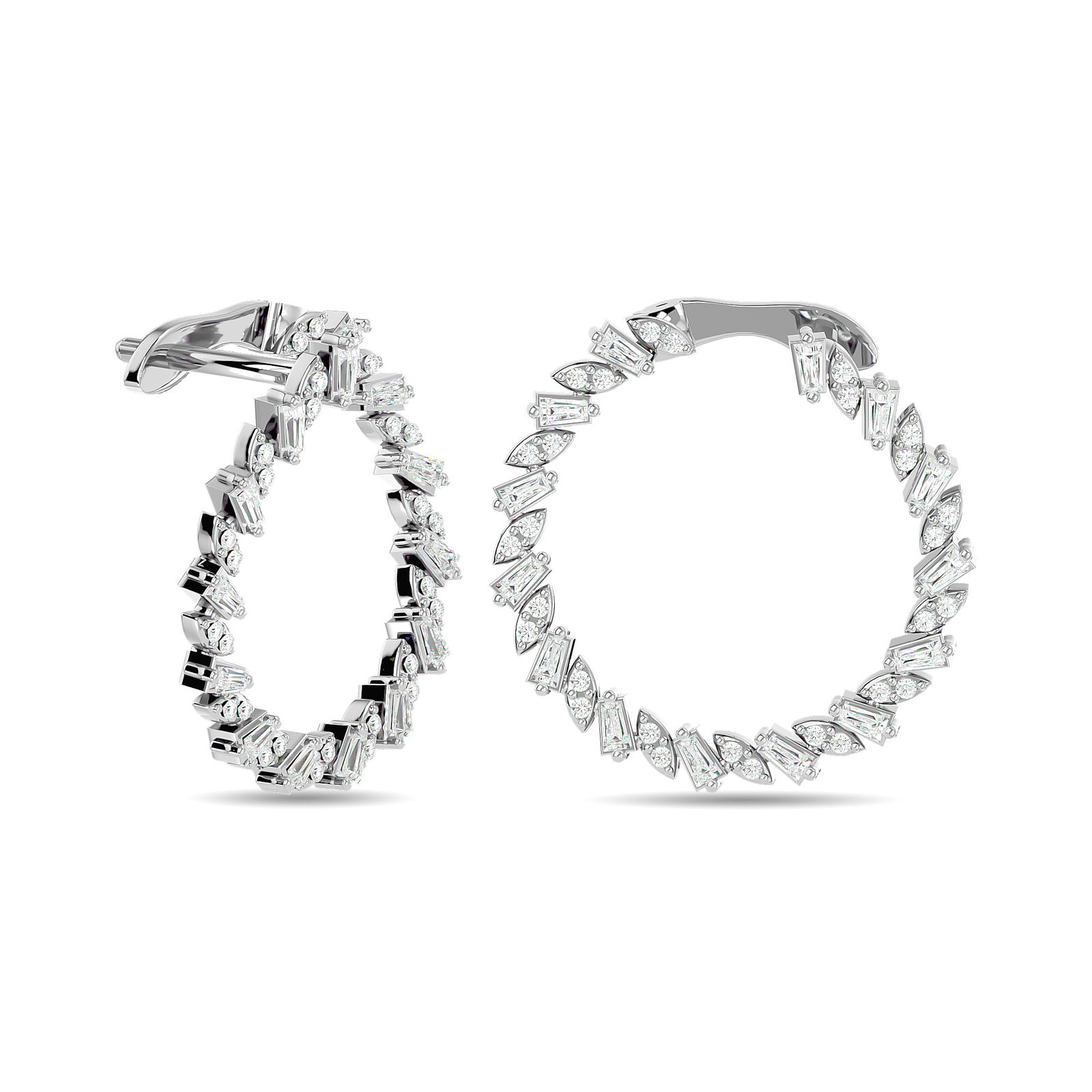Diamond 3/4 Ct.Tw. Straight Baguette Hoop Earrings in 14K White Gold: Diamond 3/4 Ct.Tw. Straight Baguette Hoop Earrings in 14K White Gold 14k White Gold Stone Color: G-h Stone Clarity: Si2 This item may take 2-5 weeks for shipping. The Diamond Depot Guarantee: All item