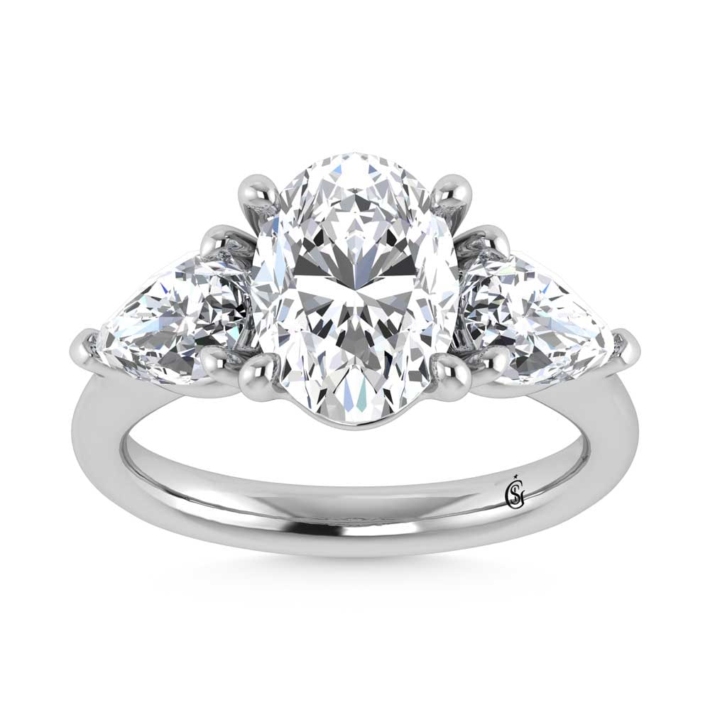 14K White Gold Lab Grown Diamond 4 1/2 Ct.Tw. Oval Shape Three Stone Engagement Ring: 14K White Gold Lab Grown Diamond 4 1/2 Ct.Tw. Oval Shape Three Stone Engagement Ring This stunning three-stone ring features a sparkling 3 CT Oval Center diamond with two shimmering side diamonds, sym