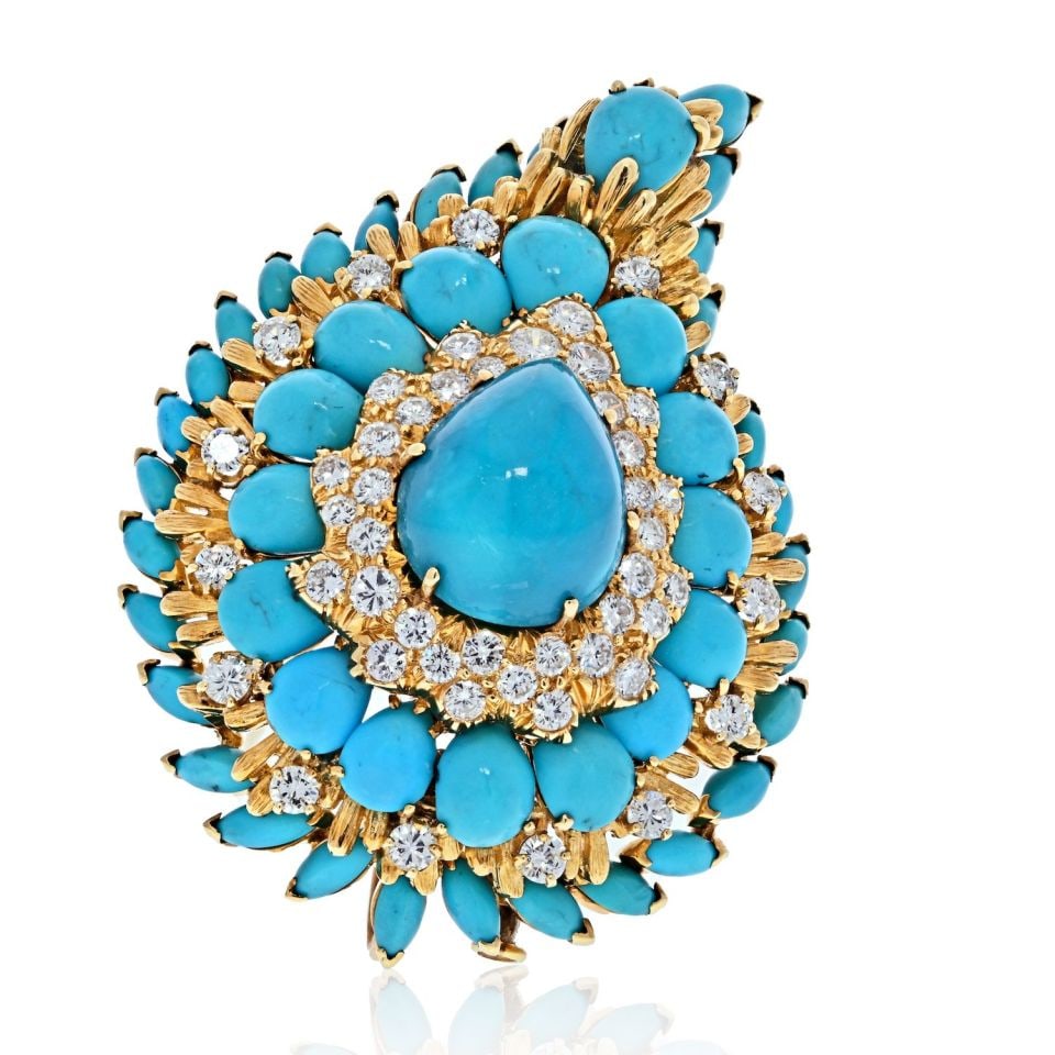 David Webb 1970s Platinum 18K Gold Turquoise Diamond Brooch (1 of 5)