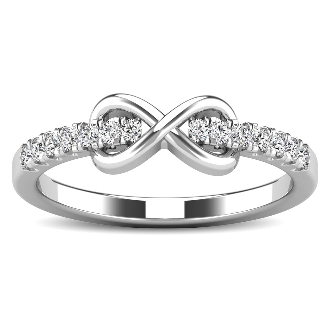 10K White Gold 1/4 Ct.tw Diamond Infinity Ring: 10K White Gold 1/4 Ct.tw Diamond Infinity Ring This glamorous ring is available in 10K White Gold. There are 14 round diamonds with a total carat weight of 1/4 Ct.Tw. set in a prong setting. 10k White