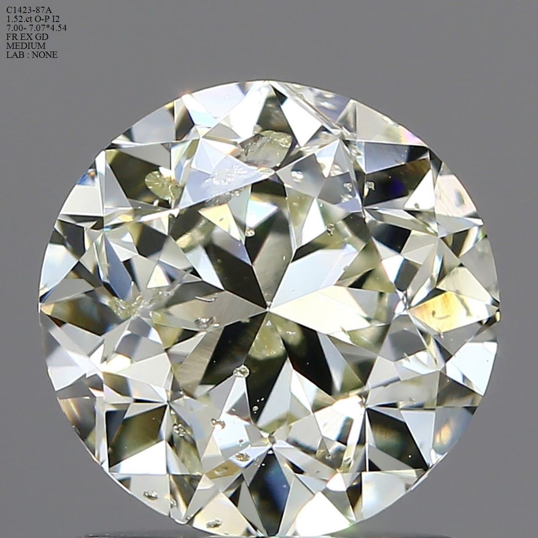 Loose Diamond - ROUND 1.52ct O-P I2: Loose Diamond - ROUND 1.52ct O-P I2 Source: Natural Shape: ROUND Carats: 1.52 Color: O-P Certification: NONE Video: