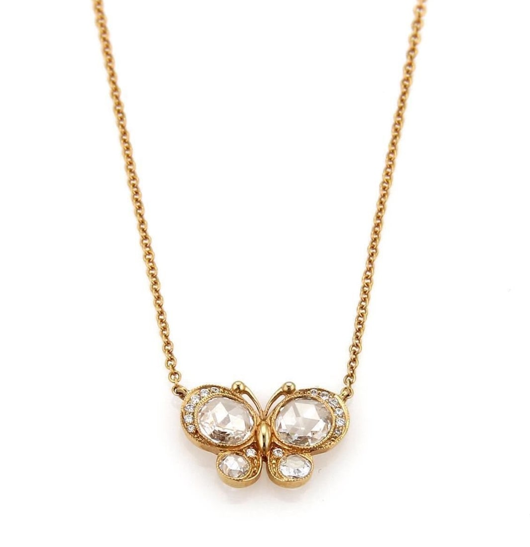 18k Rose Gold Butterfly Diamond Pendant Necklace Tiffany Enchant Collection: 18k Rose Gold Butterfly Diamond Pendant Necklace Tiffany Enchant Collection This Tiffany & Co. Enchant Diamond Butterfly pendant necklace features a butterfly design set with rose cut and round diamon