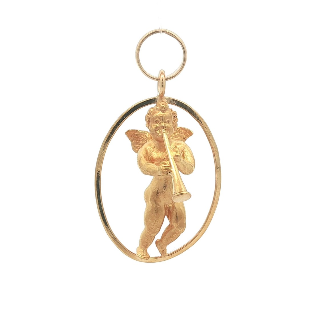 UnoAErre 18k Yellow Gold Cherub Angel Charm Pendant Vintage: UnoAErre 18k Yellow Gold Cherub Angel Charm Pendant Vintage This exquisite vintage charm pendant features a delightful cherub angel encapsulated in an open oval halo design, crafted from solid 18k yel