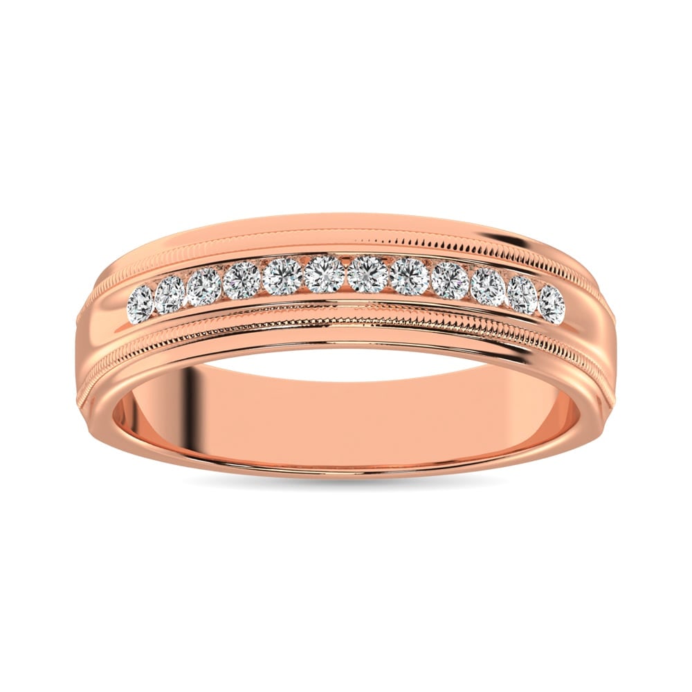 Diamond 1/2 Ct.Tw. Mens Machine Band in 14K Rose Gold: Diamond 1/2 Ct.Tw. Mens Machine Band in 14K Rose Gold 14k Rose Gold Stone Color: G-h Stone Clarity: Si2 Each ring is presented in standard size 6.5. Complimentary resizing is available between sizes 5