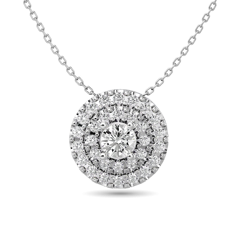 Diamond Round Cut Double Halo Pendant 3/8 Ct.tw in 14K White Gold: Diamond Round Cut Double Halo Pendant 3/8 Ct.tw in 14K White Gold Diamond Round Cut Double Halo Pendant 3/8 Ct.Tw. in 14K White Gold (1/6Ct.Tw. Centre) 14k White Gold Stone Color: Gh Stone Clarity: Si