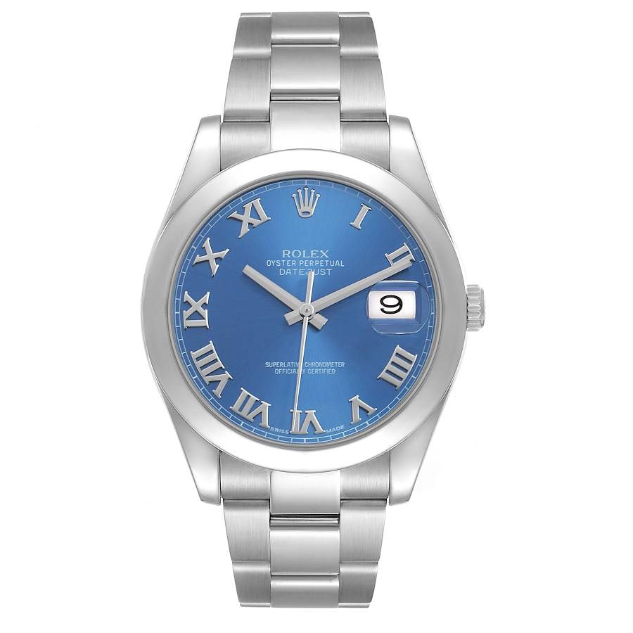 Datejust II 116300 Blue Roman Dial Oyster Bracelet with Card: Datejust II 116300 Blue Roman Dial Oyster Bracelet with Card This Rolex Datejust II features a blue Roman dial and a smooth bezel, paired with an Oyster bracelet. The watch is identified by reference