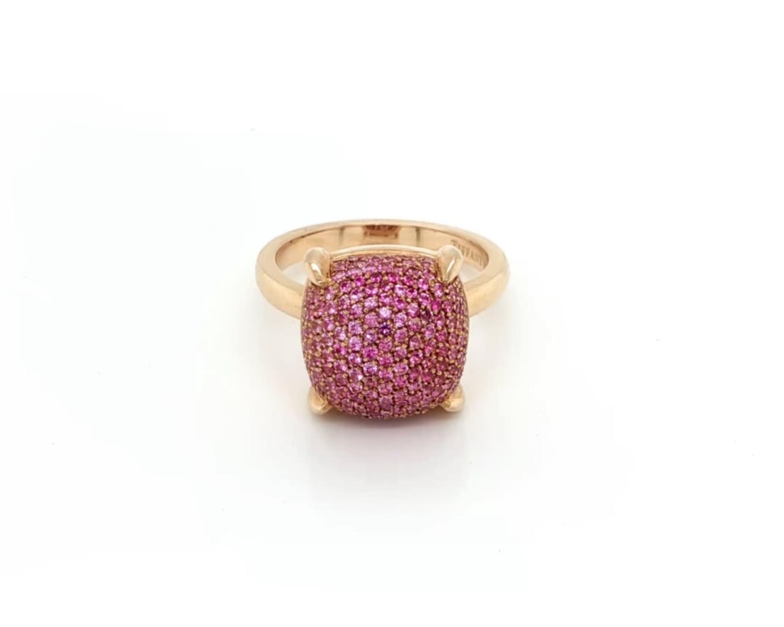Tiffany Sugar Stacks Rose Gold Pink Sapphire Ring by Paloma Picasso Size 7: Tiffany Sugar Stacks Rose Gold Pink Sapphire Ring by Paloma Picasso Size 7 This Tiffany & Co. Sugar Stacks ring, designed by Paloma Picasso, is crafted in 18k rose gold and features a bold, cushion-sh