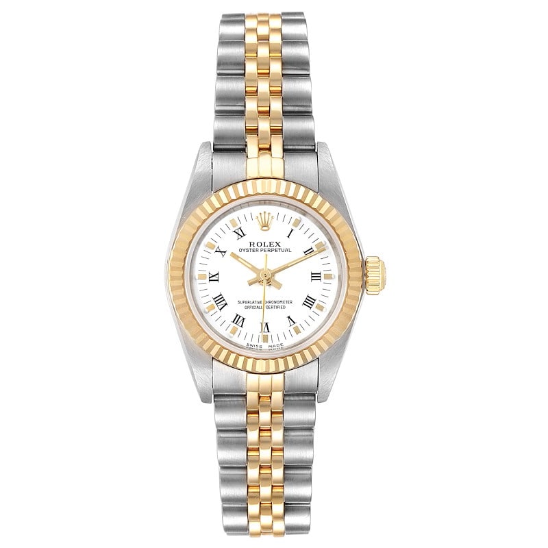 Ladies Rolex Oyster Perpetual 76193 Jubilee Bracelet White Roman Dial with Papers 2001: Ladies Rolex Oyster Perpetual 76193 Jubilee Bracelet White Roman Dial with Papers 2001 This ladies' Rolex Oyster Perpetual wristwatch features a white Roman numeral dial and a fluted bezel. It comes w