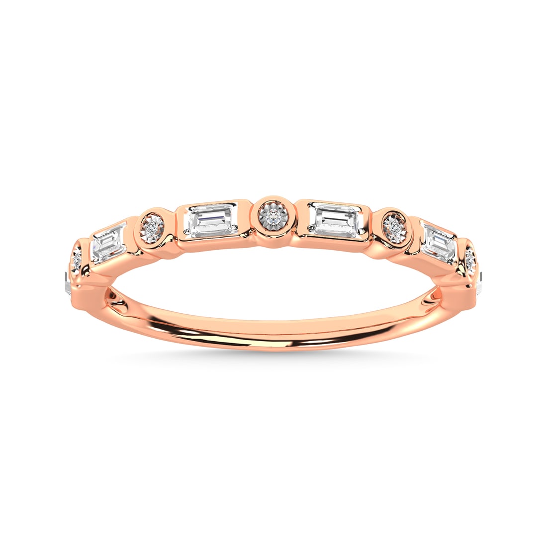 Diamond 1/8 Ct.Tw. Round and Baguette Stack Band in 14K Rose Gold: Diamond 1/8 Ct.Tw. Round and Baguette Stack Band in 14K Rose Gold 14k Rose Gold Stone Color: G-h Stone Clarity: I2-i3 Each ring is presented in standard size 6.5. Complimentary resizing is available b