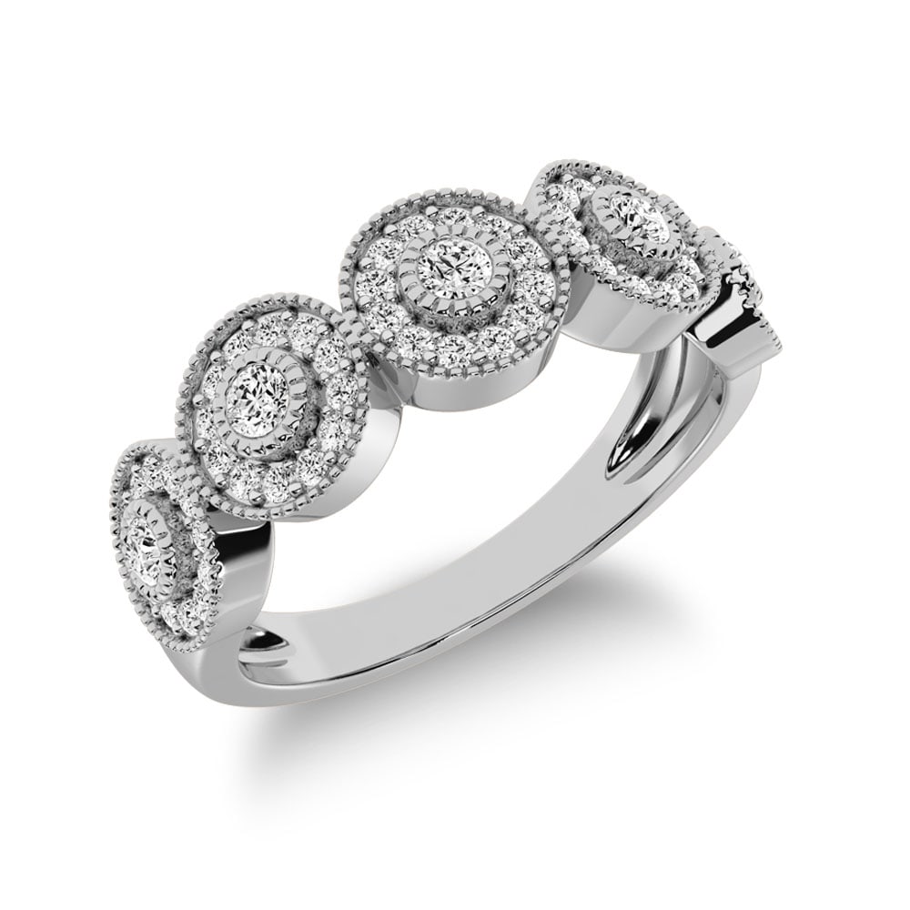 14K White Gold 2/5 Ct.Tw. Diamond Fashion Ring With Milgrain Detail: 14K White Gold 2/5 Ct.Tw. Diamond Fashion Ring With Milgrain Detail This amazing ring is available in 14K White Gold. There are 65 round diamonds with a total carat weight of 2/5 Ct.Tw. set in a Bezel