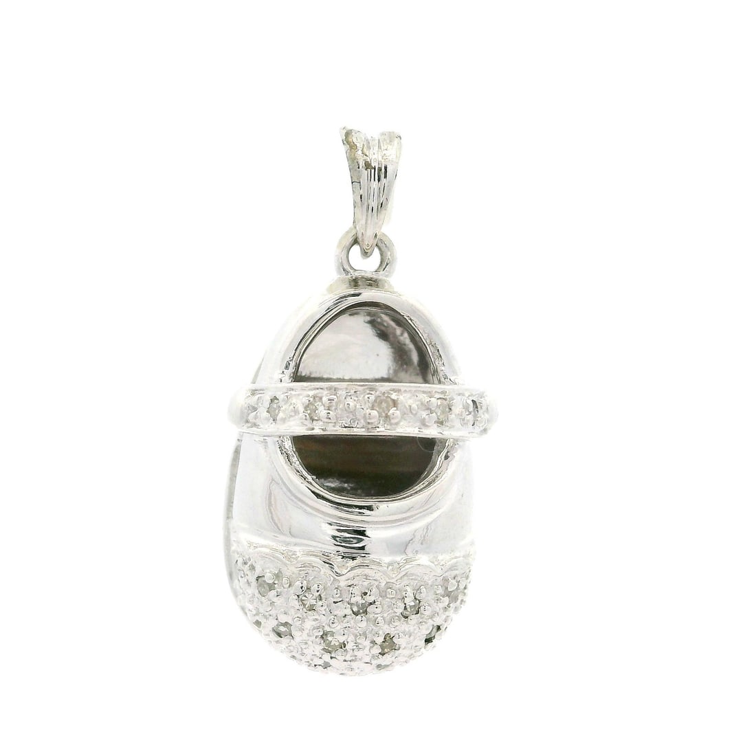 14k White Gold Diamond Baby Shoe Charm Pendant 0.05ctw: 14k White Gold Diamond Baby Shoe Charm Pendant 0.05ctw This charming pendant features a delightful baby shoe design, crafted from solid 14k white gold and adorned with a total of 0.05 carats of natura