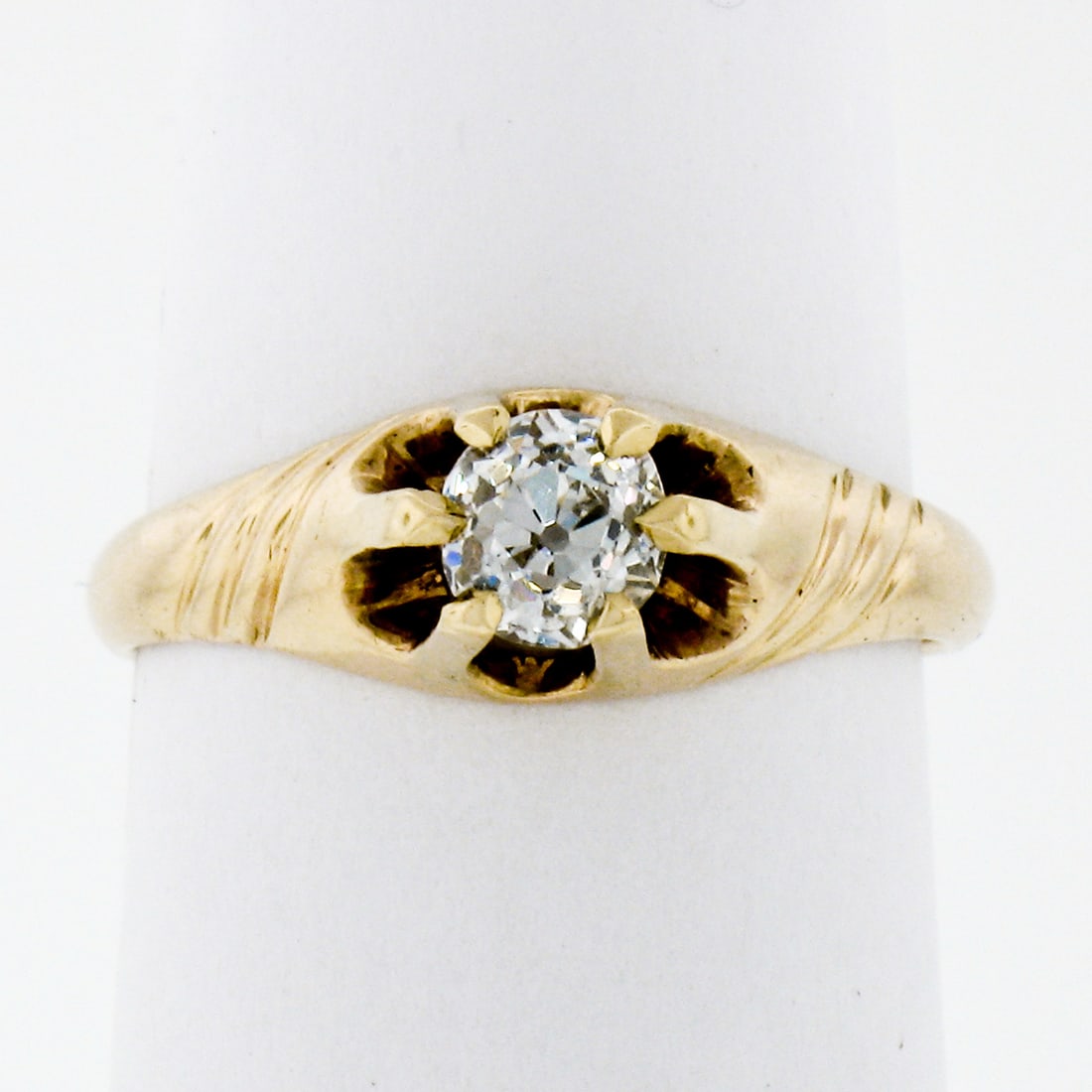 Victorian 14K Yellow Gold .40ct Cushion Diamond Solitaire Ring: Victorian 14K Yellow Gold .40ct Cushion Diamond Solitaire Ring This exquisite antique solitaire ring dates back to the Victorian era and is crafted from solid 14K rosy yellow gold. It features a