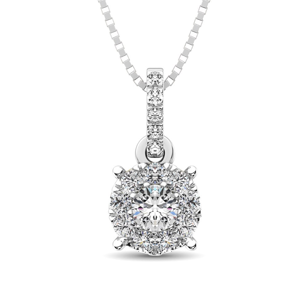 14K White Gold 1/3 Ct.Tw. Diamond Fashion Pendant: 14K White Gold 1/3 Ct.Tw. Diamond Fashion Pendant This beautiful pendant is available in 14K White Gold. There are 15 round diamonds with a total carat weight of 1/3 Ct.Tw. set in invisible setting /