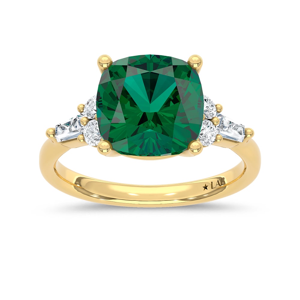 14K Yellow Gold Lab Grown Diamond 3 1/3 Ct.Tw. Cushion Shape Recrystalized Emerald Engagement Ring: 14K Yellow Gold Lab Grown Diamond 3 1/3 Ct.Tw. Cushion Shape Recrystalized Emerald Engagement Ring (Center 3 ct) Celebrate refined elegance with this 14K yellow gold engagement ring, featuring a lumin