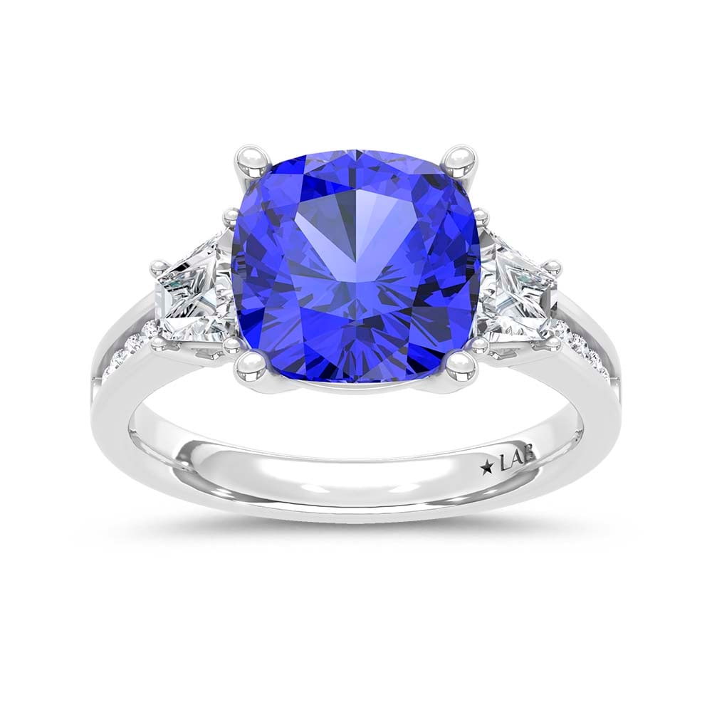 14K White Gold Lab Grown Diamond 5 1/4 Ct.Tw. Cushion Shape Recrystalized Blue sapphire Engagement: 14K White Gold Lab Grown Diamond 5 1/4 Ct.Tw. Cushion Shape Recrystalized Blue sapphire Engagement Ring (Center 4 1/2 ct) Make a statement of elegance with this 14K white gold engagement ring, featuri