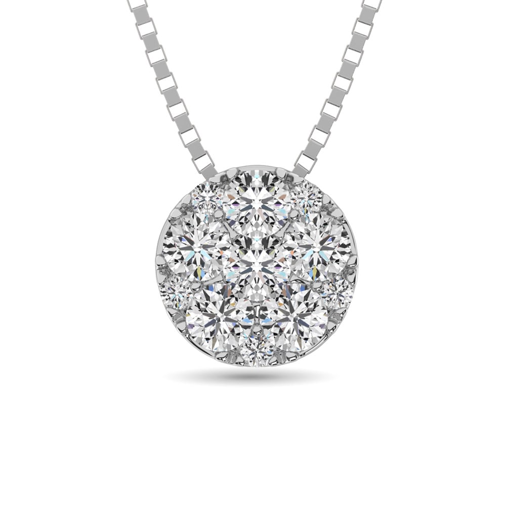 14K White Gold 1/2 Ct.Tw. Diamond Flower Pendant: 14K White Gold 1/2 Ct.Tw. Diamond Flower Pendant This beautiful circular shape pedant cover with 11 round cut diamonds of 1/2 Ct.Tw. in invisible and micro prong setting, which gives Big solitaire LOO
