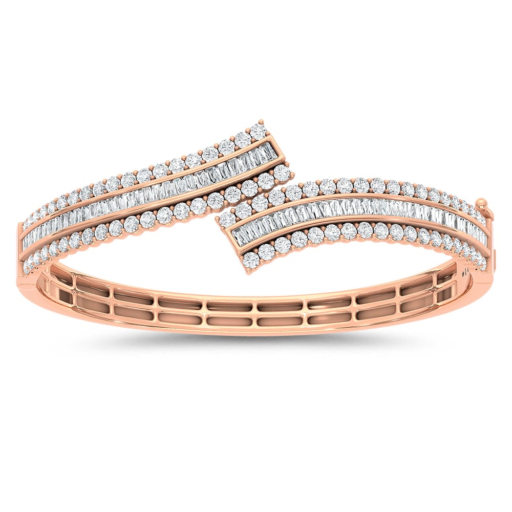 14K Rose Gold Lab Grown Diamond 4 1/2 Ct.Tw. Round and Tapper Fancy Bangles: 14K Rose Gold Lab Grown Diamond 4 1/2 Ct.Tw. Round and Tapper Fancy Bangles Elevate your jewelry collection with these stunning 14K Rose gold bangles, featuring a total of 4 1/2 carats of lab-grown