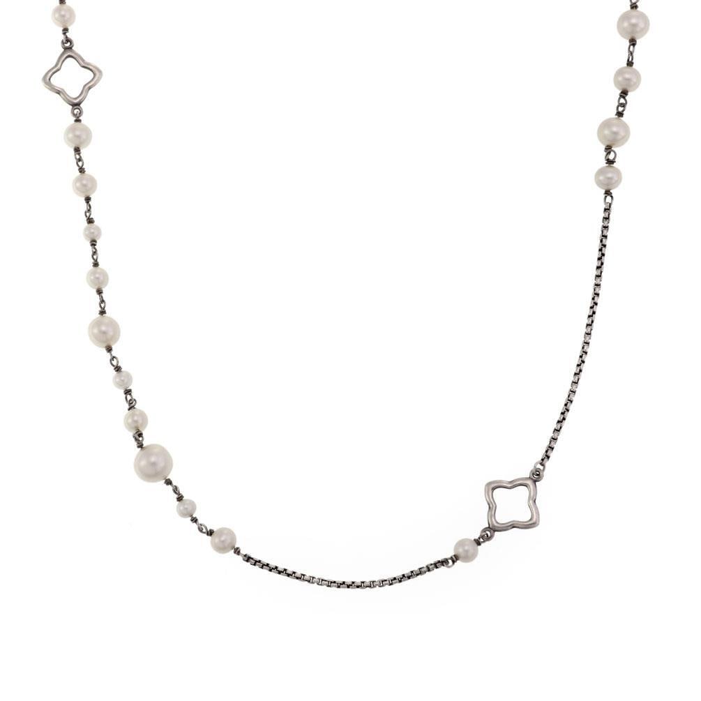 David Yurman Sterling Silver Quatrefoil Pearl Long Necklace 49": David Yurman Sterling Silver Quatrefoil Pearl Long Necklace 49" This exquisite long necklace from David Yurman showcases a sophisticated design crafted from high-quality sterling silver. The necklace