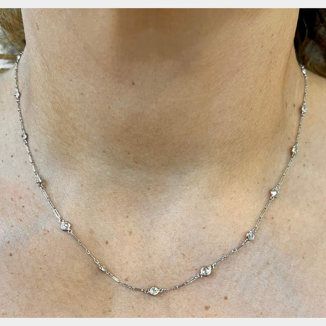 Platinum 2.70 Ct European-Cut Diamond by the Yard Necklace: Platinum 2.70 Ct European-Cut Diamond by the Yard Necklace This exquisite Diamond by the Yard Necklace is crafted in platinum and features 18 European-cut diamonds, totaling approximately 2.70 carats.