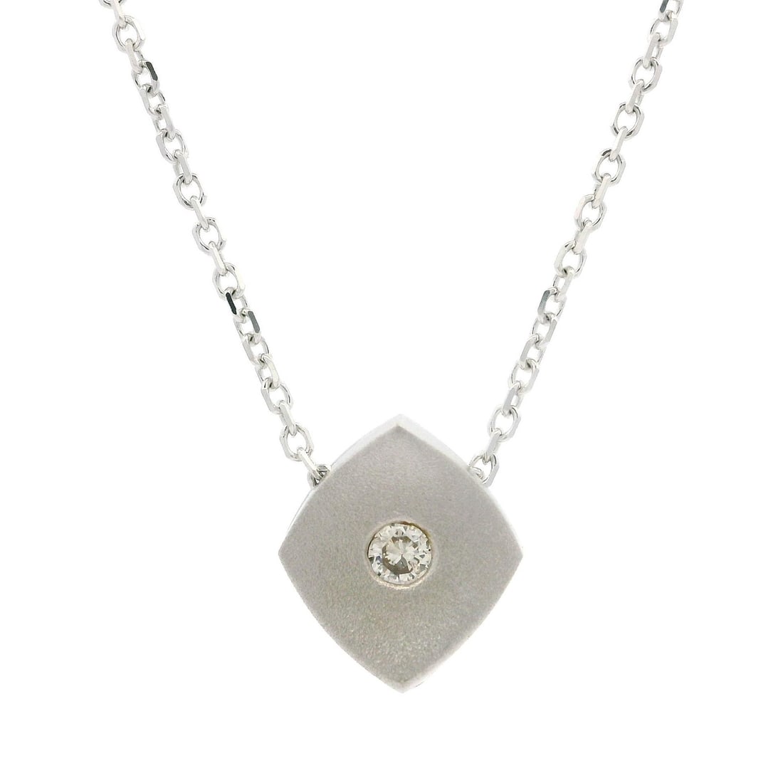 14K White Gold 0.13ct Diamond Matte Finish Shield Pendant Necklace: 14K White Gold 0.13ct Diamond Matte Finish Shield Pendant Necklace This exquisite pendant necklace features a stunning natural diamond, expertly cut in a round brilliant shape and burnish set to enhan