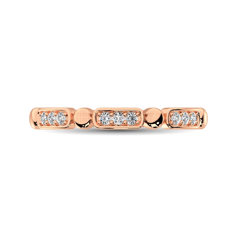 14K Rose Gold 1/10 Ct.Tw. Diamond Stackable Band: 14K Rose Gold 1/10 Ct.Tw. Diamond Stackable Band This glamorous ring is available in 14K Rose Gold. There are 9 round diamonds with a total carat weight of 1/10 Ct.Tw. set in a Shared Prong setting. 1