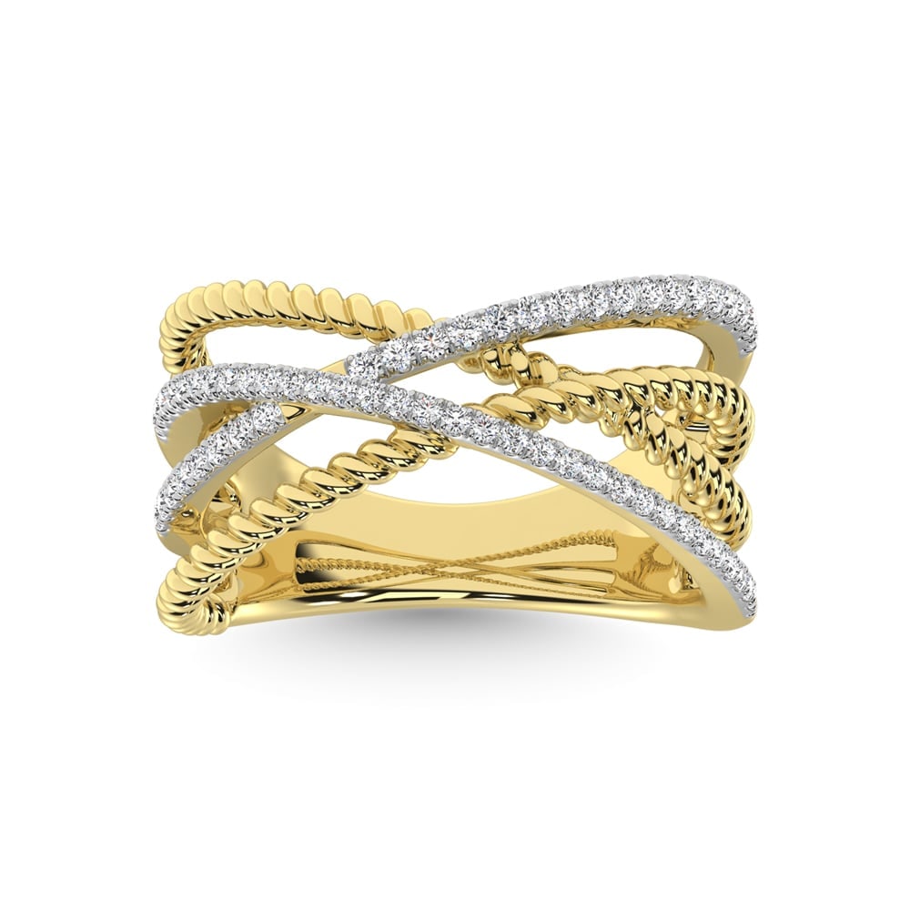 14K Yellow Gold Diamond 1/3 Ct.Tw. Crossover Fashion Ring: 14K Yellow Gold Diamond 1/3 Ct.Tw. Crossover Fashion Ring 14k Yellow Gold Stone Color: G-h Stone Clarity: I1 Each ring is presented in standard size 6.5. Complimentary resizing is available between si