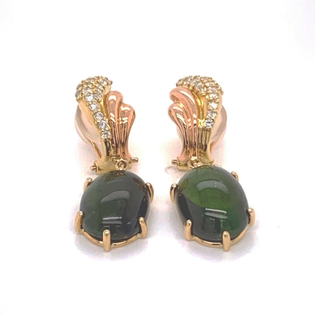 Vintage 18k Yellow and Rose Gold Dangle Earrings With Green Tourmaline and Diamonds: Vintage 18k Yellow and Rose Gold Dangle Earrings With Green Tourmaline and Diamonds These vintage dangle earrings are crafted from 18k yellow and rose gold, showcasing striking oval cabochon green tou