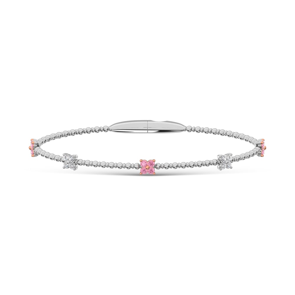 14K White Gold 5/8 Ct.Tw. Pink and White Lab Grown Diamond 5 Station Flexi Bangle: 14K White Gold 5/8 Ct.Tw. Pink and White Lab Grown Diamond 5 Station Flexi Bangle This 14K White Gold 5-station flexi bangle showcases pink and white lab grown diamonds totaling 5/8 Ct.Tw., offering s