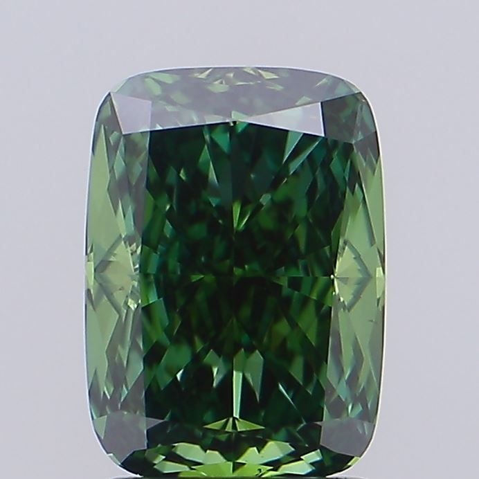 Loose Diamond - CUSHION MODIFIED 2.18ct Fancy Vivid Green VS1: Loose Diamond - CUSHION MODIFIED 2.18ct Fancy Vivid Green VS1 Source: This is a real non-mined Diamond that has been grown in a lab Shape: CUSHION MODIFIED Carats: 2.18 Color: Fancy Vivid Green Certif