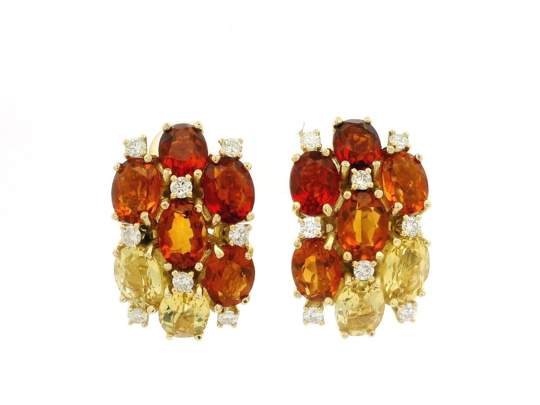 Omega Solid 18k Yellow Gold Citrine Quartz Diamond Drop Earrings: Omega Solid 18k Yellow Gold Citrine Quartz Diamond Drop Earrings These stunning Solid Gold Multi Color Shade Citrine Quartz Diamond Cluster Huggie Drop Earrings exude elegance and charm. Featuring a d