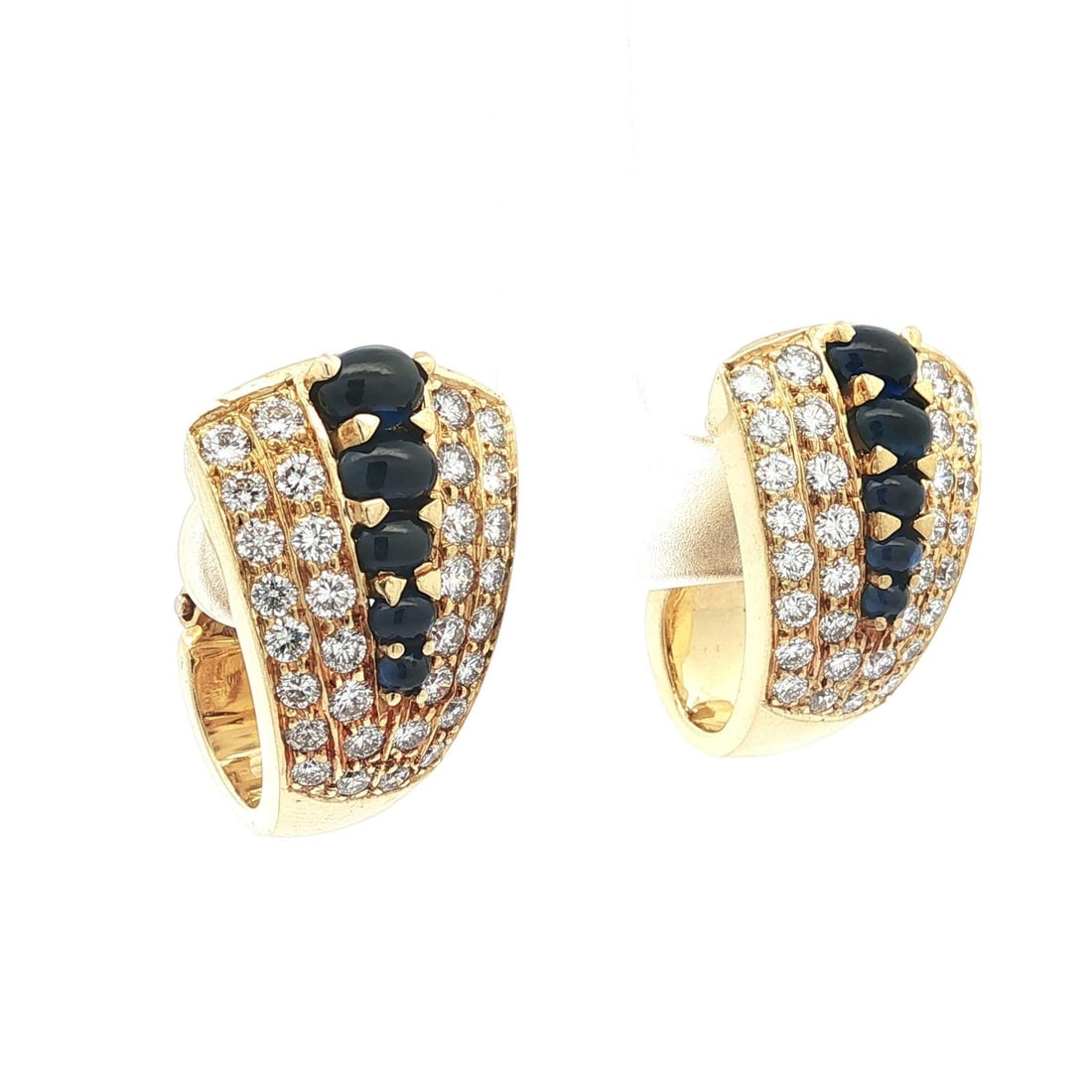 Vintage 18k Gold Clip On Earrings with Blue Sapphire and Diamond: Vintage 18k Gold Clip On Earrings with Blue Sapphire and Diamond Elevate your style with these exquisite vintage clip-on earrings crafted from solid 18k yellow gold. Featuring a stunning combination o