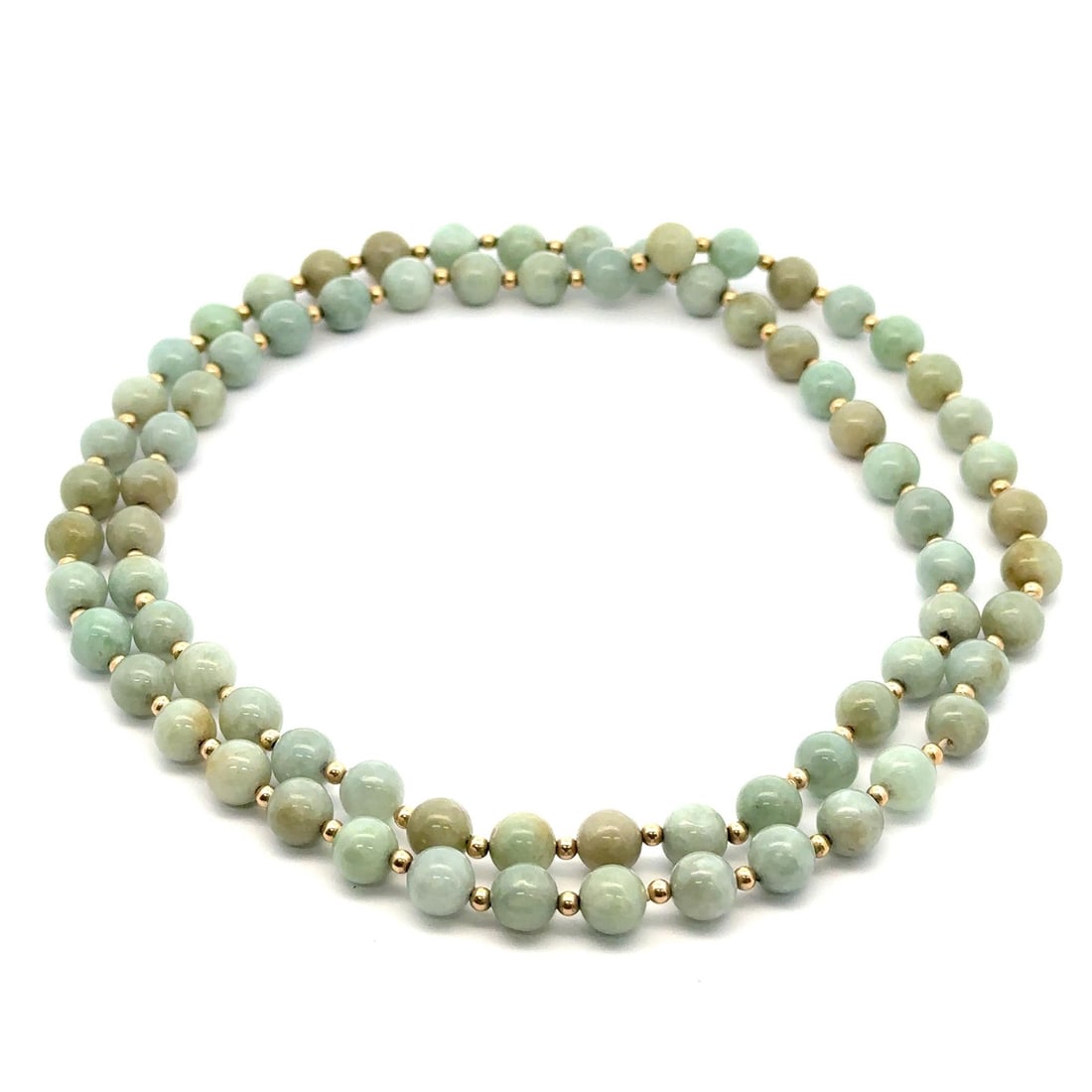 Vintage 30 Inch Green Jade Yellow Gold Beaded Necklace: Vintage 30 Inch Green Jade Yellow Gold Beaded Necklace This exquisite vintage necklace features a stunning combination of natural genuine green jade and yellow gold beads, creating a timeless accessor