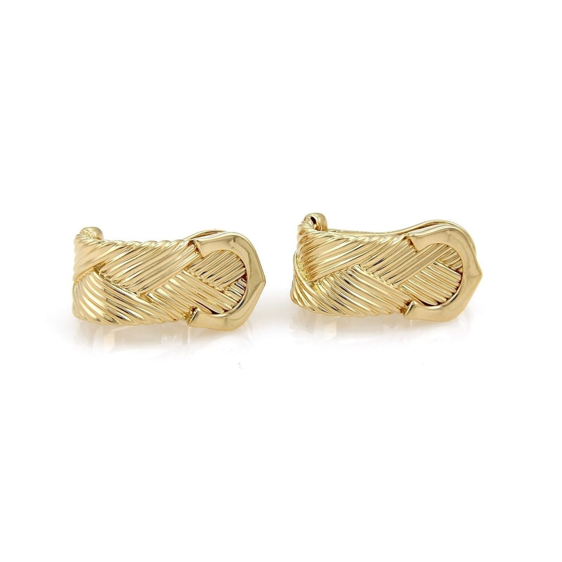 18k Yellow Gold Double C Diamond Huggie Earrings by Cartier with Certificate: 18k Yellow Gold Double C Diamond Huggie Earrings by Cartier with Certificate These Cartier Double C Diamond Basket Weave earrings feature a sophisticated huggie style, crafted from 18k yellow gold wit