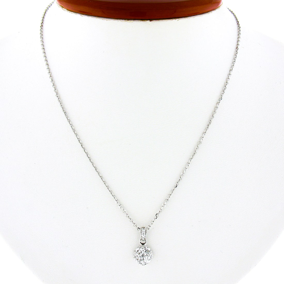 14k White Gold 0.54ctw Round Diamond Cluster Pendant with 16 Inch Cable Chain: 14k White Gold 0.54ctw Round Diamond Cluster Pendant with 16 Inch Cable Chain Elevate your jewelry collection with this exquisite 14k White Gold Pendant, featuring a stunning cluster of round brillian