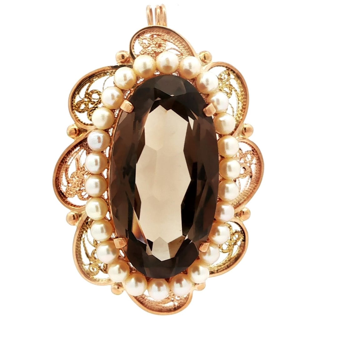 Vintage Rosy Gold Smoky Quartz Pearl Halo Brooch Pendant: Vintage Rosy Gold Smoky Quartz Pearl Halo Brooch Pendant This exquisite vintage pendant showcases a stunning large smoky quartz at its center, framed by a halo of genuine cultured pearls. The oval bri